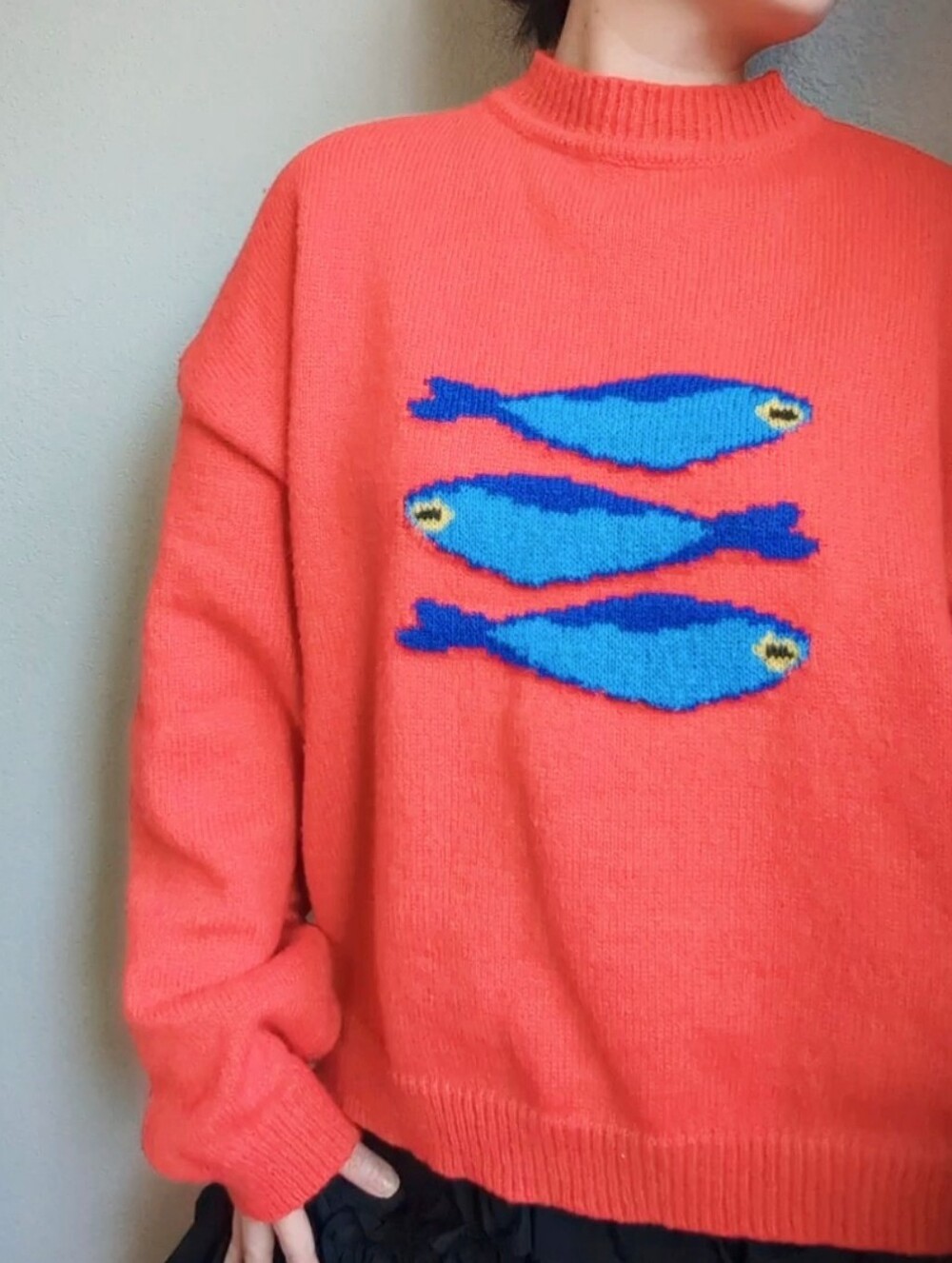 Coral Knit Sweater with Blue Fish Motif